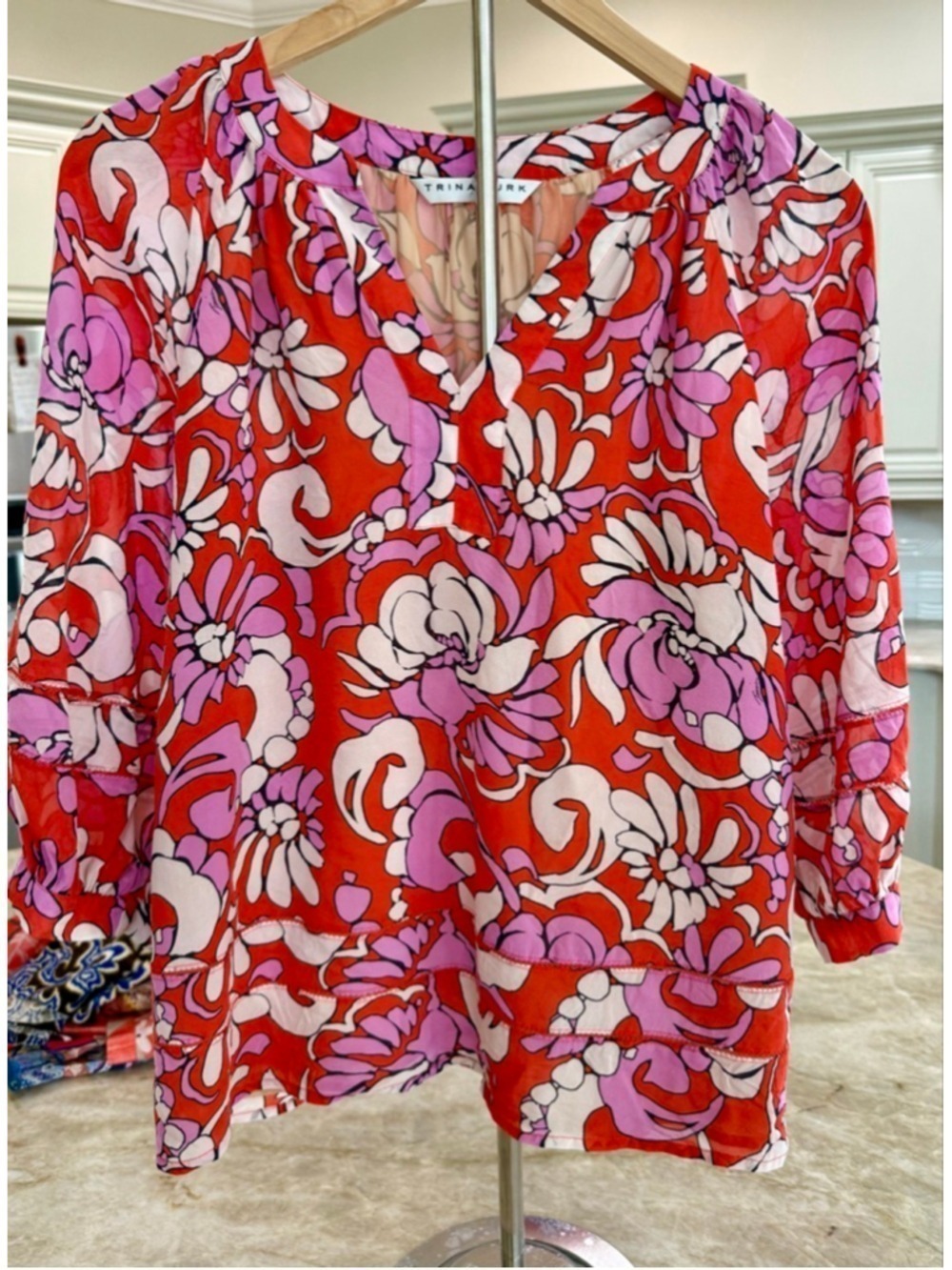 Trina Turk silk blouse lined Red Pink Floral sized XS but fits me like medi